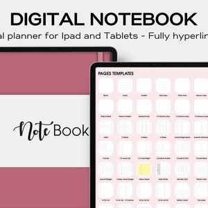 Peut inclure: Une application de carnet numérique pour iPad et tablettes, avec une couverture rose et blanche et un écran affichant différents modèles de pages. Les modèles comprennent des options vierges, lignées, quadrillées et pointillées.