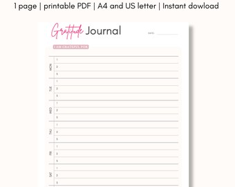 Weekly Gratitude Journal Printable template | 3 lines per day | A4 & US Letter | Self Care Mindfulness Journal PDF | Digital Download