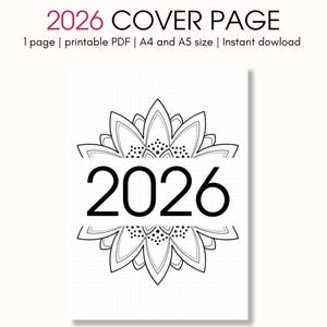 Könnte beinhalten: Eine druckbare PDF-Titelseite für 2026. Das Design zeigt die Jahreszahl 2026 in fetter schwarzer Schrift, zentriert in einem dekorativen, blütenartigen Rahmen. Der Text "2026 COVER PAGE" steht oben. Die Seite ist weiß mit gepunktetem Hintergrund.
