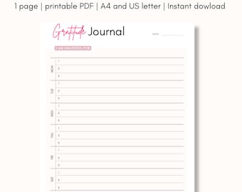 Weekly Gratitude Journal Portrait Printable - 3 Lines per day - A4 & US Letter - Monday Start Vertical template - Instant Digital Download