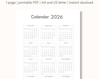 2026 Calendar Printable Vertical, Yearly Planner Minimalist Portrait, 2026 calendar pdf, A4 & US Letter, Monday start Instant Download
