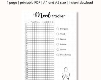 Mood Tracker Printable for Bullet Journal, Year at a glance, printable planner page, A4 A5 size, Digital file, Mental Health Planner PDF