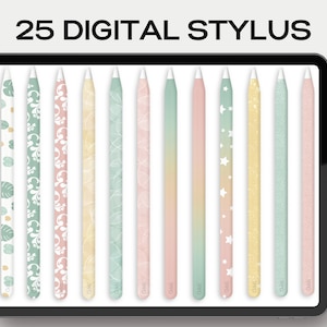 May include: 25 digital styluses with different patterns and colors, including green, pink, yellow, and white. The styluses are displayed on a tablet screen.