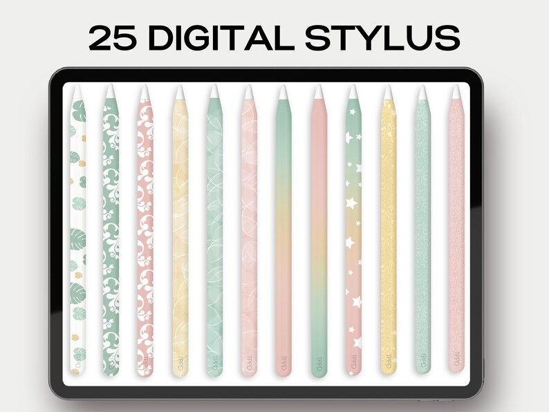 May include: 25 digital styluses with different patterns and colors, including green, pink, yellow, and white. The styluses are displayed on a tablet screen.