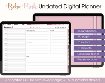 Undated minimalist digital planner in landscape for goodnotes on ipad boho pink planner digital stickers pre cropped png and goodnotes files