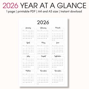 Puede incluir: Calendario anual imprimible de 2026. El calendario presenta un diseño claro con cada mes en un cuadro separado. Los días y las fechas son claramente visibles sobre un fondo blanco.