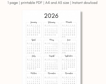 2026 year at a glance bullet journal printable, calendar bujo spread, printable planner page, A4 & A5 size, Digital file, Instant Download