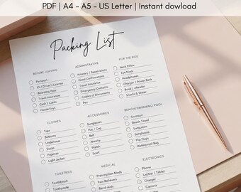 Travel packing list printable, travel planner, travel journal, packing checklist, A4 A5 US Letter size, Digital file, Instant Download