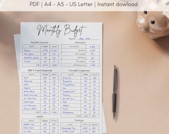 Monthly Budget Tracker Printable | Budget Planner for Women | US Letter A4 A5 |  Digital file | Instant Download