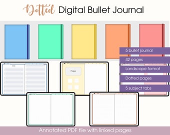 Horizontal Undated Digital Bullet Journal in 5 colors - Landscape Digital planner with dotted pages for GoodNotes and Notability