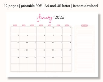 2026 Monthly planner Horizontal, Minimalist Landscape Calendar 2026, Wall Calendar A4 & US Letter, Monday start Instant Download