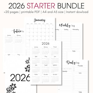 May include: A collection of printable PDF planner pages with the text "2026 STARTER BUNDLE". The pages include calendars, weekly logs, and daily logs. The design is minimalist with black text on a white background.
