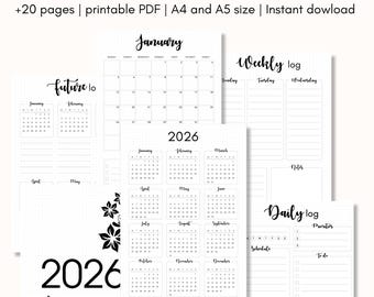 2026 Bullet Journal Starter Bundle printable, Year at a Glance + Future Log + Monthly/Weekly/Daily Logs, A4 & A5 size, Digital file download