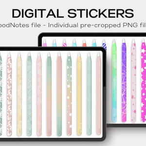 May include: Digital stickers for Apple Pencil, featuring a variety of colorful and patterned designs. The stickers are pre-cropped PNG files for use in GoodNotes.