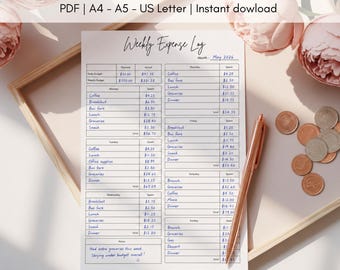 Weekly Expense Log Printable Budget Tracker | Daily Spending Sheet | US Letter A4 A5 |  Digital file | Instant Download