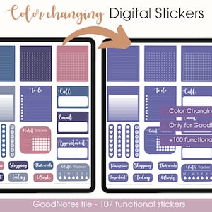Könnte beinhalten: Ein digitales Sticker-Paket für die GoodNotes-App mit 107 funktionalen Stickern. Die Sticker sind farbig wechselnd und umfassen eine Vielzahl von Designs, wie z. B. To-Do-Listen, Gewohnheits-Tracker und Terminerinnerungen. Die Sticker sind in Blautönen, Lila und Rosa gehalten.