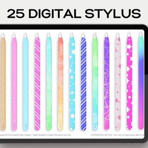May include: 25 digital stylus designs for digital planners and journals. The designs include a variety of colors and patterns, such as stripes, stars, and watercolor.