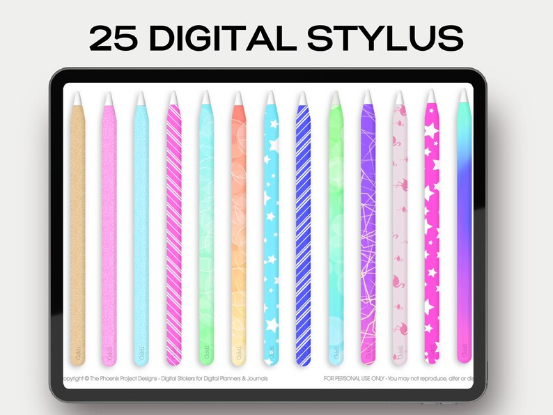 May include: 25 digital stylus designs for digital planners and journals. The designs include a variety of colors and patterns, such as stripes, stars, and watercolor.