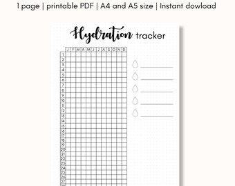 Yearly hydration tracker, bullet journal printable, minimalist bujo page, habit tracker bujo spread, printable planner page, A4 & A5 size
