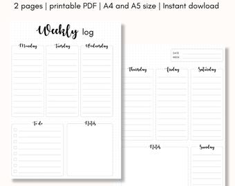 Weekly log printable for bullet journal, weekly bujo spread, printable planner page, A4 A5 size, Minimalist Weekly Spread pdf, Digital File