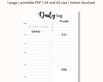 Daily log printable | Bullet journal printable | Minimalist planner | Printable journal page | PDF file in US Letter, A4&A5 size