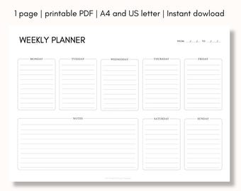 May include: A white weekly planner with a pink header that reads "WEEKLY PLANNER". The planner includes sections for each day of the week, a notes section, and the text "FROM: / / TO: / /". The planner is available in A4 and US letter sizes.