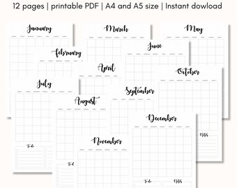 Undated Monthly logs bundle for bullet journal, minimalist calendar bujo spread, printable planner page, dotted and blank, A4 and A5 size