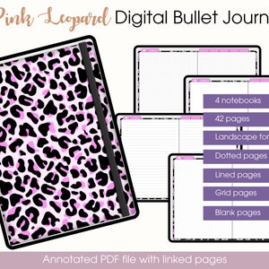 4 Horizontal Undated Digital Bullet Journal in Pink Leopard - Landscape Digital planner for GoodNotes and Notability