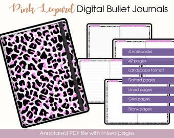 4 Horizontal Undated Digital Bullet Journal in Pink Leopard - Landscape Digital planner for GoodNotes and Notability