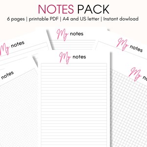 Peut inclure: Un pack de notes imprimables blanc avec le texte "NOTES PACK" en rose. Le pack comprend des pages lignées, pointillées et quadrillées avec le texte "My notes" en rose. Disponible en formats A4 et US letter.