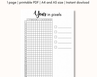 Year in pixel bullet journal printable, minimalist bujo page, habit and mood tracker bujo spread, printable planner page, A4 & A5 size