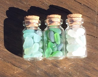 Three mini jars filled with sea glass. Miniatures, Fairy garden, mermaids tears, magic, favours, ocean, beach.