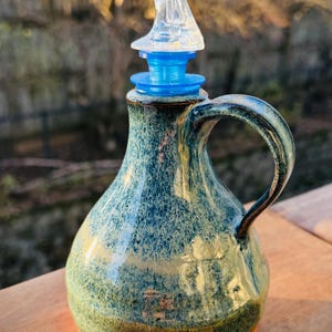 Handmade Ceramic Oil Pourer | 10 oz Oil Bottle | Kitchen Essentials | Holiday gift | Blue Oil Bottle w/ Spout | Microwave & Dishwasher Safe