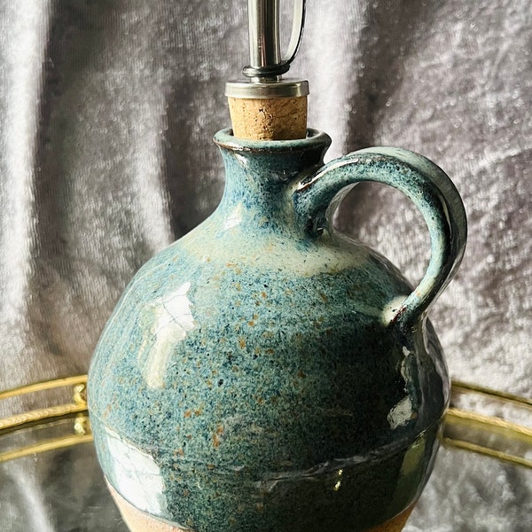 Handmade Ceramic Oil Pourer | 14 oz Oil Bottle | Kitchen Essentials | Holiday gift | Blue Oil Bottle w/ Spout | Microwave & Dishwasher Safe