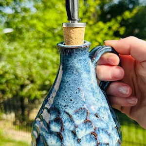 Handmade Ceramic Oil Pourer | 12 oz Oil Bottle | Kitchen Essentials | Holiday gift | Blue Oil Bottle w/ Spout | Microwave & Dishwasher Safe