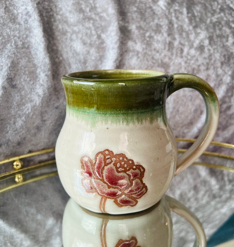 Handmade Ceramic Mug 14 oz Coffee mug Wheelthrown Mug Coffee lover Holiday gift Peony Pattern Mug Microwave & Dishwasher Safe Bild 1