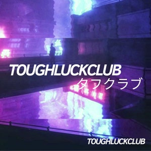 May include: A neon sign with the text "TOUGH LUCK CLUB" in white letters against a purple and blue background. The sign is reflected in the water below.