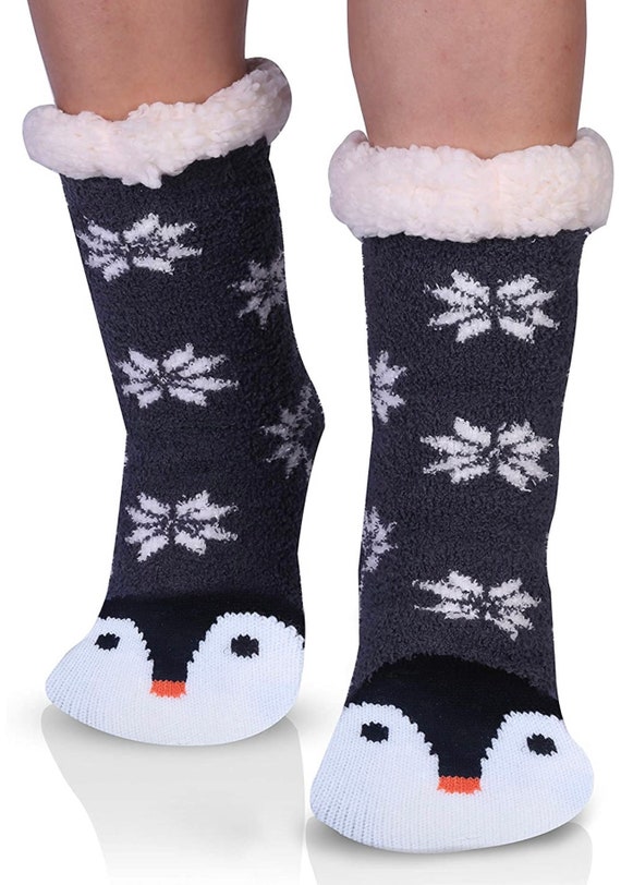 Fuzzy Penguin Slipper Socks With Grippers Warm & Cozy 