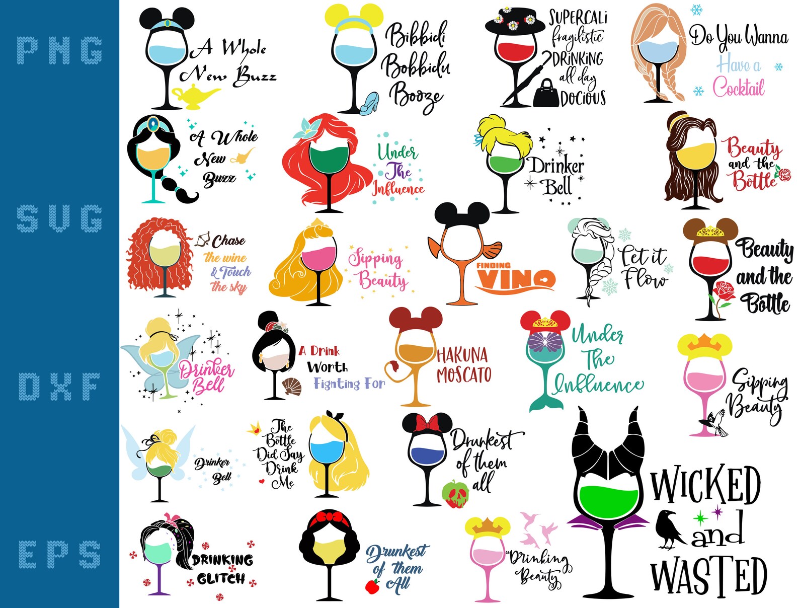 Disney Wine Glass Svg Bundle Princess Wine Glass Clipart Etsy