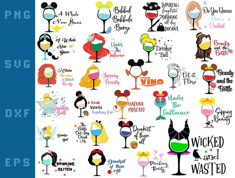 Disney Wine Glass Svg Bundle Princess Wine Glass Clipart Etsy