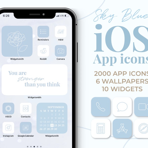 Hemelsblauwe iOS-apppictogrammen Esthetisch | 2000 Simple Clean iPhone-app omvat Wallpaper Widget-set | Neutraal startscherm | snelkoppelingen