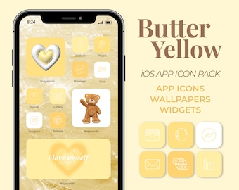 Butter Yellow iOS App icons Pack | Yellow Aesthetic iPhone theme app covers Wallpapers Widgets pack | Customize Home screen