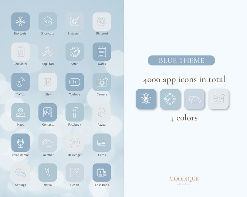 Puede incluir: Un conjunto de 16 iconos de aplicaciones azules con contornos blancos, que representan aplicaciones populares como Instagram, TikTok, YouTube y Netflix. Los iconos est&aacute;n dispuestos en una cuadr&iacute;cula sobre un fondo azul claro con un efecto de desenfoque bokeh. El texto "BLUE THEME" y "4000 app icons in total" se muestra en texto marr&oacute;n sobre un fondo blanco. El texto "MOODIQUE studio" se muestra en texto marr&oacute;n sobre un fondo blanco.