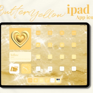 Puede incluir: Una pantalla de iPad amarilla con iconos de aplicaciones dispuestos en una cuadrícula. Los iconos son blancos con un fino contorno negro. El fondo es un degradado amarillo con un sutil efecto de brillo. El texto "Butter yellow, ipad App icons" está en la parte superior de la pantalla. La palabra "Yellow" está en un cuadro en la parte inferior izquierda de la pantalla, con la definición "[sustantivo] El color del sol y las cosas brillantes".