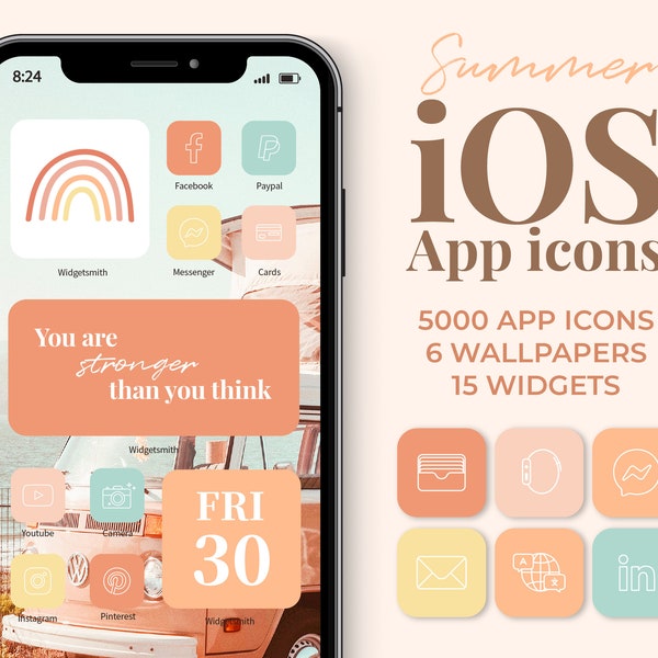 Iconos de aplicaciones iOS de verano Estética / 5000 fondos de pantalla de aplicaciones para iPhone con temática de océano color melocotón Paquete de widgets / Personaliza la pantalla de inicio