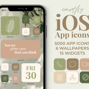 May include: A mockup of an iPhone screen with a green and brown color scheme. The screen shows a variety of app icons, including YouTube, Instagram, Pinterest, and TikTok. The text "You are stronger than you think" is displayed on the screen. The text "earthy iOS App icons" is displayed on the right side of the image. The text "5000 APP ICONS 6 WALLPAPERS 15 WIDGETS" is displayed below the text "earthy iOS App icons".