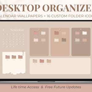 Organiseur de papier peint de bureau rose neutre + icônes de dossier pour Mac, Windows | Calendrier 2025 - Esthétique minimaliste 2026 | Futures mises à jour gratuites