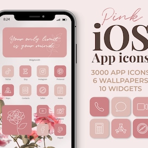 May include: A pink and white iPhone mockup with a rose design and the text "Your only limit is your mind."  The phone screen shows a selection of app icons, including TikTok, Etsy, Instagram, Pinterest, Maps, Contacts, Safari, Notes, YouTube, Camera, Facebook, and Paypal. The text "Widgetsmith" is also visible on the screen. The image also includes the text "Pink iOS App icons 3000 APP ICONS 6 WALLPAPERS 10 WIDGETS".