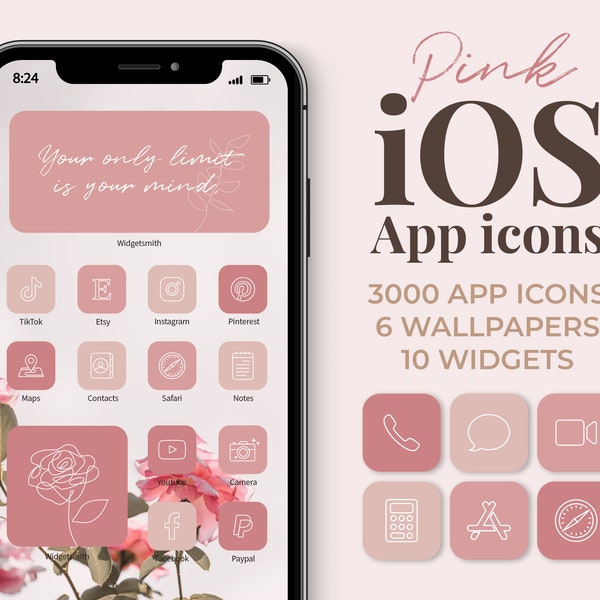 Pink Aesthetic iOS App Icons | 3000 iPhone Icon Pack | Wallpaper Widget  | Neutral Home Screen App covers