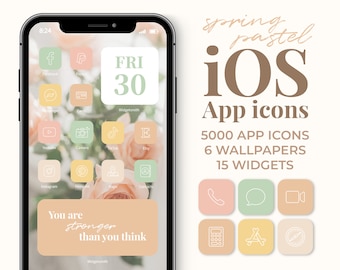 May include: A smartphone screen shows pastel app icons, a floral wallpaper, and the text "You are stronger than you think." The image also includes the words "spring pastel iOS App icons" and details about the product: 5000 app icons, 6 wallpapers, and 15 widgets.